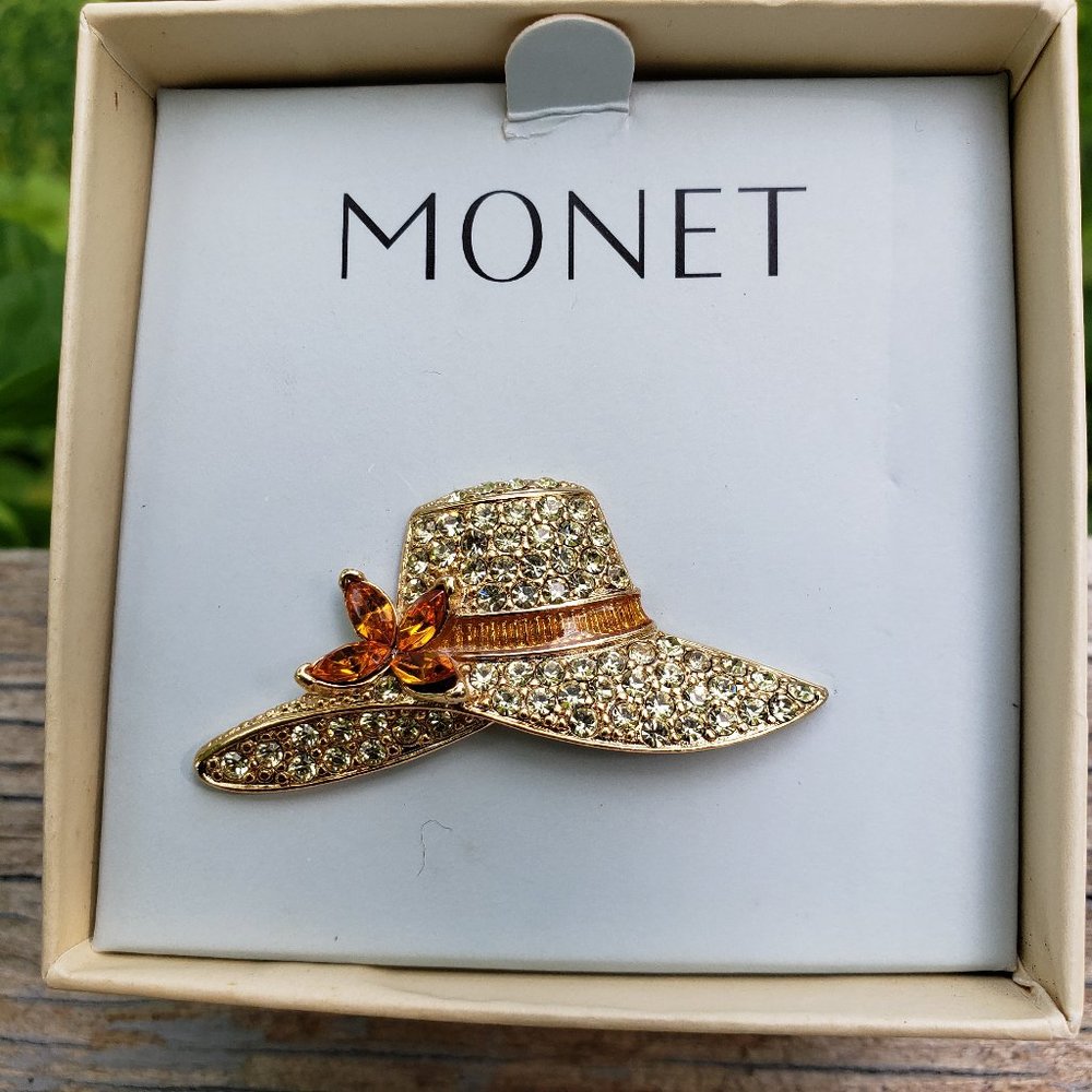 Vintage MONET signature Brooch fancy sun bonnet. Amber/clear rhinestones. Boxed.